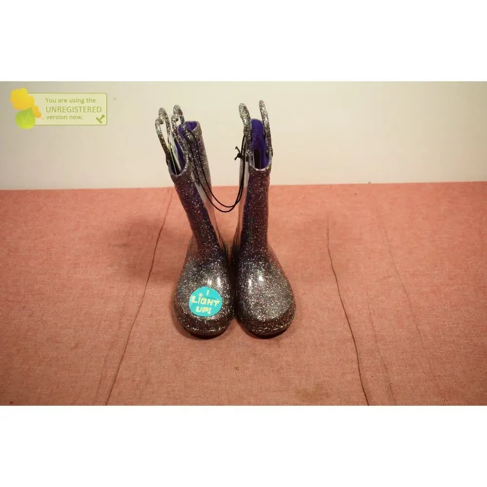 Western Chief Toddler Abby Glitter Lighted Purple Rain Boots Size 8